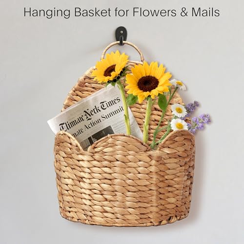 Door Basket Scalloped Hanging Storage Basket,Water Hyacinth Woven Wall Baskets for Front Door Decor, Hangable Storage Organize for Flowers,Planter,Mails,Wicker Baskets for Organizing Garden- L - size: Large