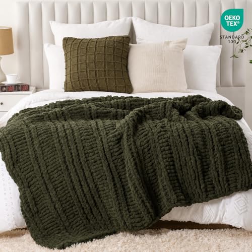 Battilo Chunky Knit Throw Blanket for Couch, Hand Made Chenille Throw Blanket, Super Soft Warm Cozy Olive Green Blanket for Bed, Sofa, Living Room, 50"x60" - color: Olive Green