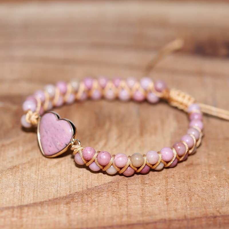 Women Boho Wrap Bracelet,Handmade Natural Stone Crystal Emperor Beads Heart Bracelet, Fashion Bohemian Jewelry Gift for Women - color: Rhodochrosite #2