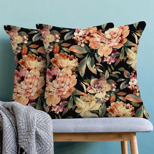 Spring Floral Pillow Covers 18x18 Set of 2 Vintage Black Orange Flower Throw Pillow Covers Decoration Summer Flower Pillowcase Farmhouse Decorative Cushion Cover for Home Sofa Outdoor Decor - color: Black Orange Floral-2, size: 18" x 18" (Pack of 2)