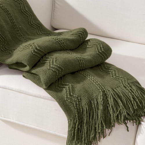 BATTILO HOME Olive Green Throw Blanket for Couch, Soft Army Green Blanket with Tassels for Home Decor, Decorative Knitted Throws for Couch Cover, 50"x60" - color: Army Green, size: 50 x 60 in.