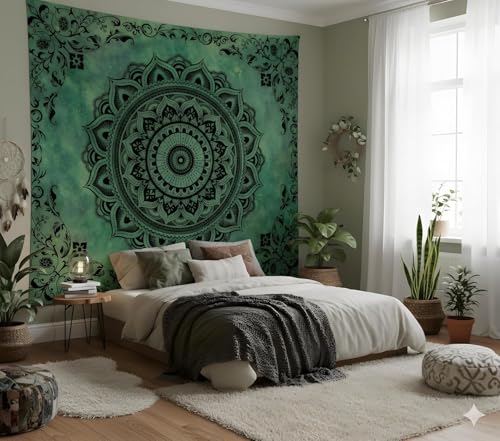 Tichgeim Green Mandala Hippie Tapestry for Bedroom Aesthetic, Boho Ceiling Art Decor Backdrop Tapestries, Bohemian y2k Floral Wall Hanging for Teen Girls Dorm Living Room 90inX71in - color: A-Green Mandala Tapestry, size: 90"L x 71"W