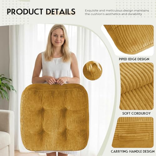 11" Thick Washable Floor Pillow for Adults, Yoga & Meditation Cushion with Handle, Square Large Pillows Seating with Removable Tufted Corduroy Cover for Tatami Living Room Board Games, Yellow - color: Yellow