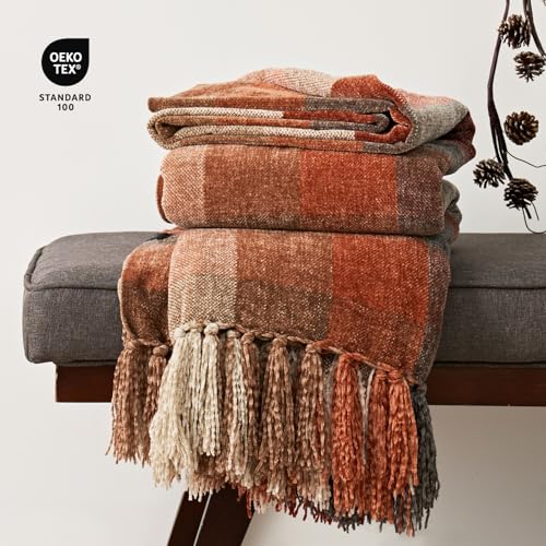 EverGrace Plaid Chenille Throw Blanket for Couch, Super Soft Cozy Decorative Fall Throw Blanket with Tassels for Bed Sofa Gift, Lightweight Harvest Plaid Throw Blanket for Autumn 50”x60” - color: Plaid Harvest Orange, size: 50"x60"