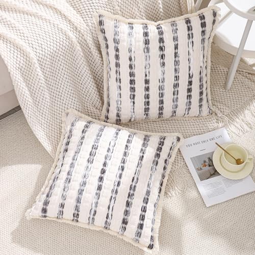 LUOYEHK Chenille Striped Throw Pillow Covers 20x20 Inch Set of 2 Boho Decorative Pillowcases with Fringe Farmhouse Neutral Gray Cushion Covers for Couch Sofa Bed Living Room - color: Gray, size: 20" x 20" (Pack of 2)
