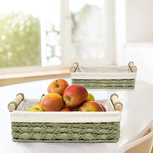 Storage Basket Wicker Baskets for Organizing with Handle Decorative Storage Bins for Countertop Toilet Paper Storage Basket for Toilet Tank Top Small Baskets Set (Set of 2,Green) - color: green