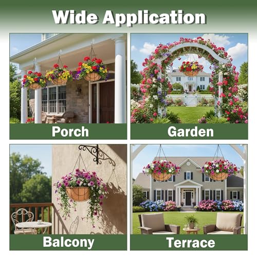 4 Pack 14 Inch Hanging Baskets for Plants Outdoor Metal Hanging Planter Basket with Coco Coir Liner Hanging Flower Baskets Hanging Flower Pots Holder for Garden, Patio(Earth) - size: 14 Inch, style: Country Rustic