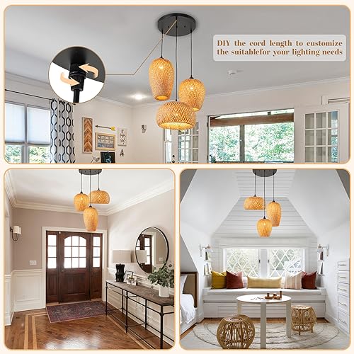 Rattan Pendant Light Bamboo Hanging Light 3-Lights Boho Pendant Light Fixture Woven Basket Wicker Shade Rattan Chandelier for Living Room Dining Room Kitchen - color: Rattan Bamboo, 3-Light
