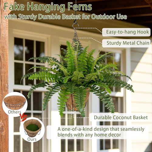 2 Set Artificial Hanging Ferns for Outdoors with Hanging Baskets, UV Resistant Artificial Outdoor Plants, Faux Ferns Outdoor Hanging Basket for Front Porch Garden