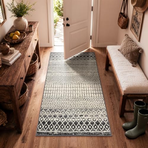 3x5 Rug for Living Room, Ultra Soft Non Slip Moroccan Washable Rug, Distressed Entryway Rugs, Low-Pile Throw Carpet Black Rugs for Bedroom Kitchen Living Room Dinning Room - color: Black, size: 3' x 5' (Rectangular)