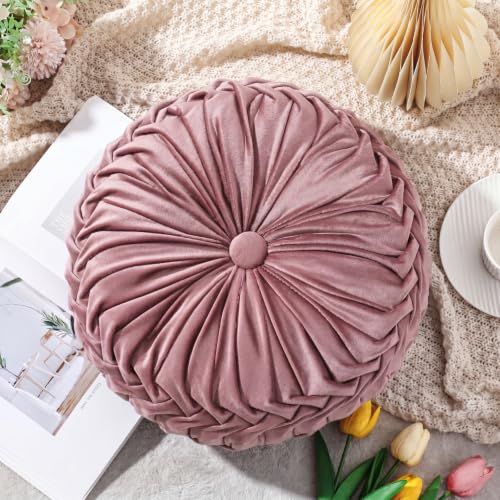 Drydiet 1 Pcs Round Throw Velvet Pillows Decorative Pleated Throw Pillows Diameter Accent Pumpkin Boho Chair Cushion for Couch Sofa Home Decoration (Dusty Rose,15'') - color: Dusty Rose, size: 15''