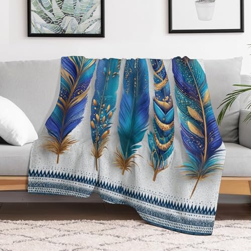 Blanket Boho Feather Gold Ornament Throw Blanket for Women Men, 30"x40" Blue Geometric Pattern Border Plush Flannel Throws, Decor for Bed Couch Bedroom - color: Boho Feather Gold Ornament, size: 30"x40"
