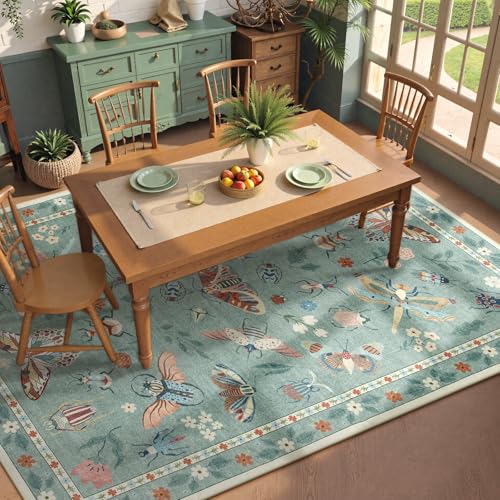 Beeiva Insect Print Washable Rugs 8x10 for Living Room - Sage Green Stain Resistant Soft Area Rug 8x10, Non Slip Bedroom Rug Under Bed Large Carpet Cottagecore Boho Decor(8'x10',Green) - color: Light Green, size: 8' x 10' (Rectangular)