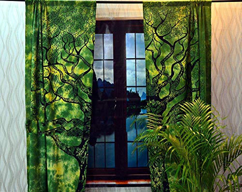 Indian Mandala Tree of Life Cotton Window Door Curtains Hippie Wall Hanging Boho Living Room Door Curtains Dorm Decor Tapestry Gyppsy Wall Drapes, Window Treatment Twin 82 x 52 Inch - color: Yellow & Green, size: 52"W x 82"L (Pack of 1)