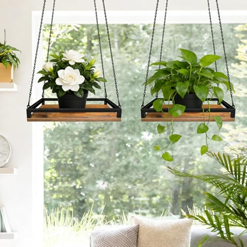 Plant Hanger Indoor, 11.8" Wooden Hanging Plant Holder with Metal Frame Hanging Planter for Indoor Plants Load 50LB Hanging Plant Shelf with 27.6" Long Chain, Ideal for Heavier Pots Window Ceiling - size: Small