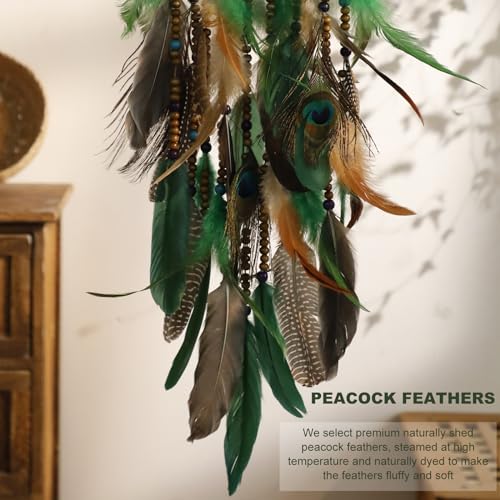 Dream Catcher Native American Boho Dreamcatcher Rattan Wall Decor, Handmade Natural Peacock Feathers Green Colorful Beaded Hanging Oranment Indian Decor for Girls Bedroom (Green Peacock Feather) - color: Green Peacock Feathers