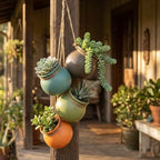 MyGift Dangling Southwest Desert Color Ceramic 4 Pot Set, Wall or Ceiling Mount Hanging Mini Flower Planters