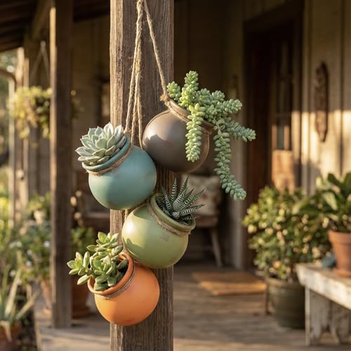 MyGift Dangling Southwest Desert Color Ceramic 4 Pot Set, Wall or Ceiling Mount Hanging Mini Flower Planters