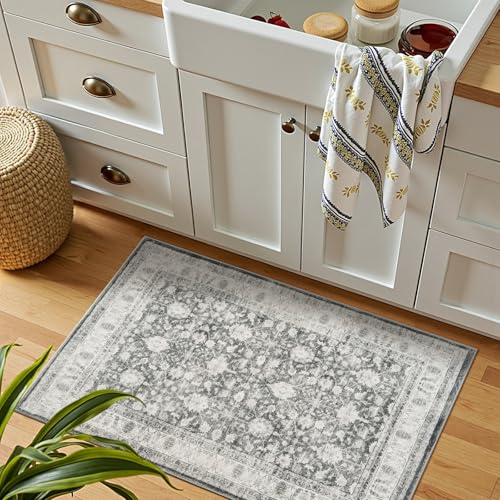 jinchan 2x3 Washable Vintage Floral Rug, Distressed Traditional Entryway Rug, Soft Low-Pile Non-Slip Accent Mat for Indoor Foyer, High-Traffic Kitchen Sink Laundry Room, Grey - color: Oriental Grey, size: 2' x 3' (Rectangular)