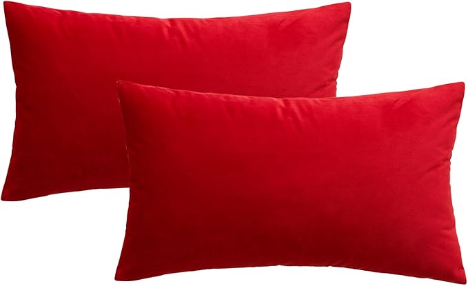 MIULEE Velvet Throw Pillow Covers 12x20 Inch, Pack of 2 - Bright Red, Soft Solid Lumbar Decorative Pillow Covers Modern Luxury Home Decor for Chair Couch Sofa Bedroom Livingroom