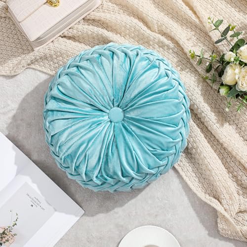 Drydiet 1 Pcs Round Throw Velvet Pillows Decorative Pleated Throw Pillows Diameter Accent Pumpkin Boho Chair Cushion for Couch Sofa Home Decoration (Aqua,15'') - color: Aqua, size: 15''