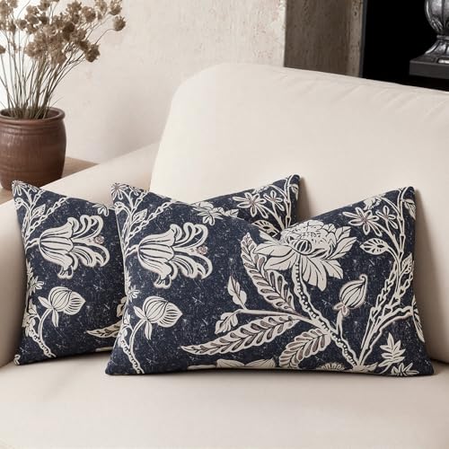 Navy Floral Pillow Covers 12x20：100% Cotton Vintage Throw Pillows Decorative Covers blue Boho Patterned Accent Modern Neutral Covers — Couch Sofa Bed Living Room Farmhouse Pillowcases Pack of 2 - color: Bf-navy Blue, size: 20" x 12" (Pack of 2)