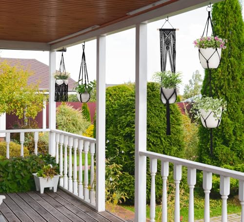 Mkono Macrame Plant Hangers, 5 Pack Different Tiers Indoor Hanging Planters Basket with 5 Hooks Decorative Flower Pots Holder Stand Boho Home Decor, Black - color: Black