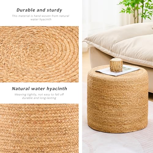 Handwoven Ottoman Pouf, Natural Water Hyacinth Footstool, Round Braided Outdoor Seat with Sturdy Frame, Boho Accent Stool for Patio, Balcony, or Garden (Natural) - color: Natural, size: 17.7"D x 17.7"W x 15.7"H