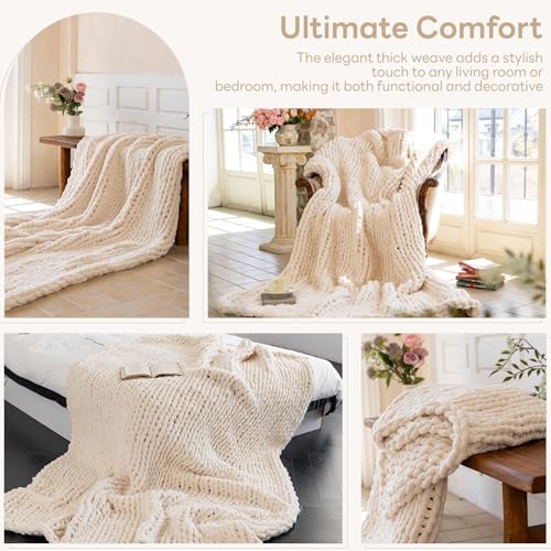 Chunky Knit Blanket - Luxury Soft Cozy 60 * 80 Throw Blanket, 100% Handmade Chenille Yarn Woven Blanket for Couch, Sofa, Home Decor, Gift - Machine Washable (Cream, 60 * 80) - color: Cream, size: 60*80