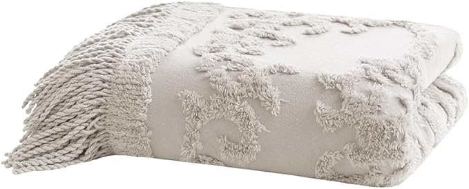 Madison Park 100% Cotton Tufted Chenille Design With Fringe Tassel Luxury Elegant Chic Lightweight, Breathable Cover, Luxe Cottage Room Décor Summer Blanket, 50" x 60", Grey