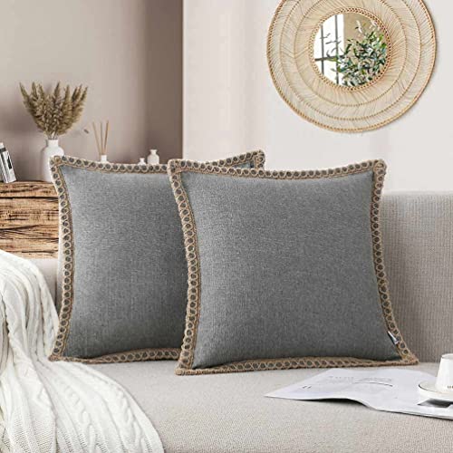 Set of 2 Farmhouse Throw Pillow Covers - Burlap Linen Trimmed Tailored Edges Decorative Cushion Covers for Bed Home Outdoor Decoration (2 Pieces, 24" x24", Grey 3/ Linen Band) - color: Grey, size: 24" x 24" (Pack of 2)