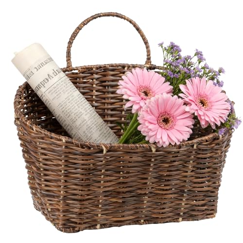Hanging Wall Basket Handwoven Wicker Basket for Plants, Flowers & Storage, Rustic Farmhouse Wall Decor Organizer, Dark Brown Plastic Rattan - color: Plastic Rattan Tube - Dark Brown