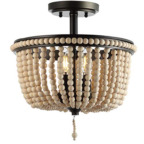 JONATHAN Y 14" Black and Light Taupe Wood Beaded LED Semi Flush Mount Light, Boho Farmhouse 3-Light Ceiling Chandelier with Cream Wood Bead Shade for Nursery, Bedroom JYL9020A - color: Black/Light Taupe