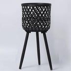 Nordic Style Rattan Flower Pot Indoor Balcony Living Room Plant Green Flowers Hand-Woven Wooden Tall Floor Flower Stand (Black, 9.7x17inch(24.5x43cm))