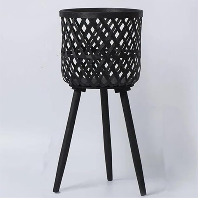 Nordic Style Rattan Flower Pot Indoor Balcony Living Room Plant Green Flowers Hand-Woven Wooden Tall Floor Flower Stand (Black, 8.3x13inch(21x33cm))