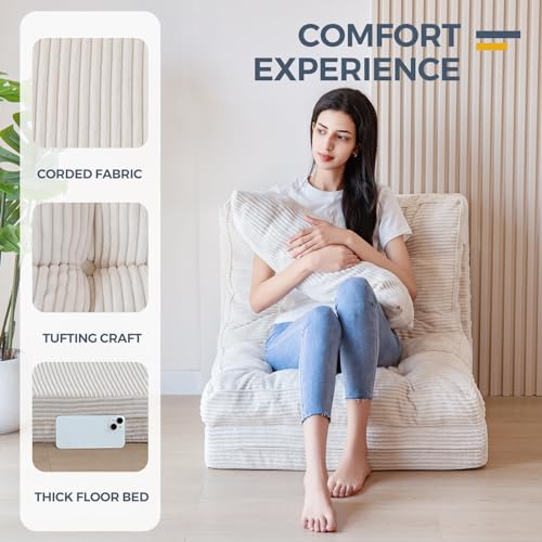 MAXYOYO Folding Sofa Bed, Tufted Bean Bag Bed with Pillows Floor Couch for Adults, Extra Thick and Long Floor Sofa, Single Couch Bed for Bedroom Living Room, Beige, 30x91 Inch - color: Beige, size: Tufted Single