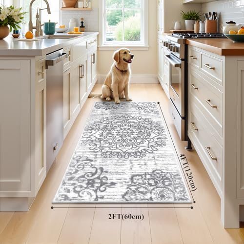 HEBE Hallway Runner Rug 2'x4' Washable Vintage Distressed Area Rugs Non Slip Laundry Rug Runner Boho Floor Carpet Runners for Hallways Entryway Laundry Room Kitchen Bathroom - color: Grey, size: 2' x 4' (Rectangular)