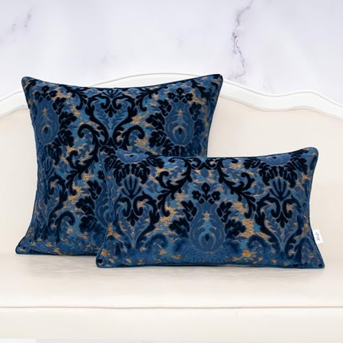 Alerfa Boho Blue Floral Throw Pillow Cover 18x18 Inch Cut Velvet Sqaure Luxury Embroidered Decorative Pillow Cover for Couch Living Room Bedroom - color: Blue, size: 18" x 18" (Pack of 1)