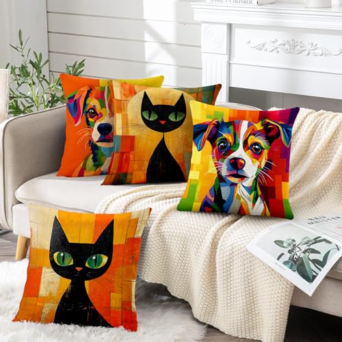 BVBOX Set of 4 Throw Pillow Covers 18"x18", Double-Sided Decorative Pillow Cases, Soft Flax/Short Plush Pillow Covers for Bed, Sofa, Couch, Living Room, Bedroom (Flax, Cats and Dogs) - color: Cats and Dogs