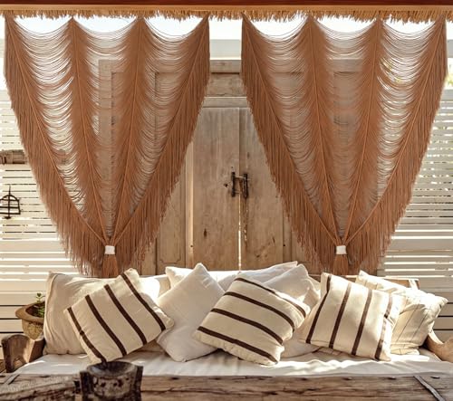 Flber 2 Panels Macrame Curtains Brown 59" W x 75" H Light Filtering Window Curtains Semi Sheer Drapes Room Divider Door Curtain, Wedding Backdrop Soft Neutral Window Treatment for Living Room Bedroom - color: Khaki *2