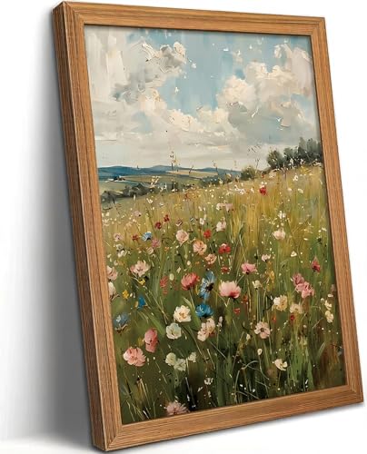 LBTZEVIR Framed Vintage Wildflower Wall Art Natural Colorful Floral Canvas Print for Living Rooms Bedrooms bathrooms and Offices 12x16 inches - color: Wildflower Sky, size: 16"L x 12"W