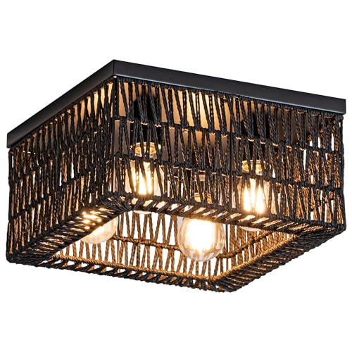 Rpzloila Black Rattan Ceiling Light, 4-Light Boho Light Fixture, Square Flush Mount Ceiling Light for Bedroom, Hallway, Entryway, Kitchen, Living Room - color: Black, size: 4-Light-Square