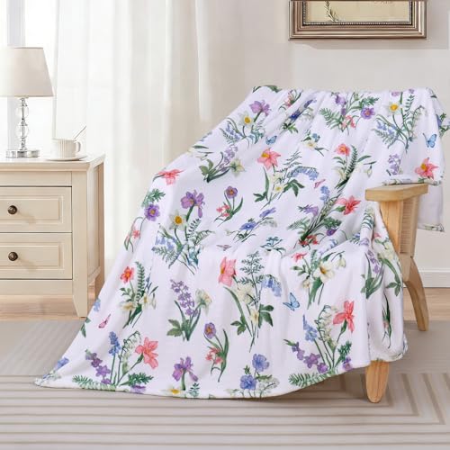 Spring Floral Flower Throw Blanket Wildflower Butterfly Blankets Green Plant Leaf Flannel Fleece Bed Blanket Soft Cozy Fuzzy Throw Blanket for Women Couch 50” x 60” - color: Purple, size: 50" X 60"