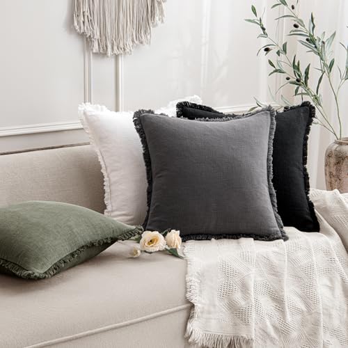 ANRODUO Set of 2 Decorative Throw Pillow Covers 24×24 Inch Soft Linen Fringe Farmhouse Boho Vintage Cushion Covers with Tassels Accent Pillowcase for Couch Sofa Bed Living Room Summer Decor Black - color: Black, size: 24" x 24" (Pack of 2)