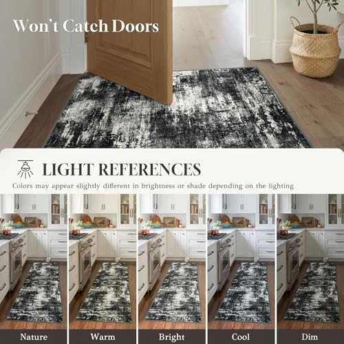 Lansny Abstract Small Area Rug 2x3 Entryway Rugs Washable Door Mat Entrance, Non Slip Kitchen Rugs, Rubber Backed Throw Rug Printed Faux Wool Floor Carpet for Front Door Foyer Entry Sink, Black Grey - color: Charcoal Black / Grey / Ivory, size: 2' x 3' (R