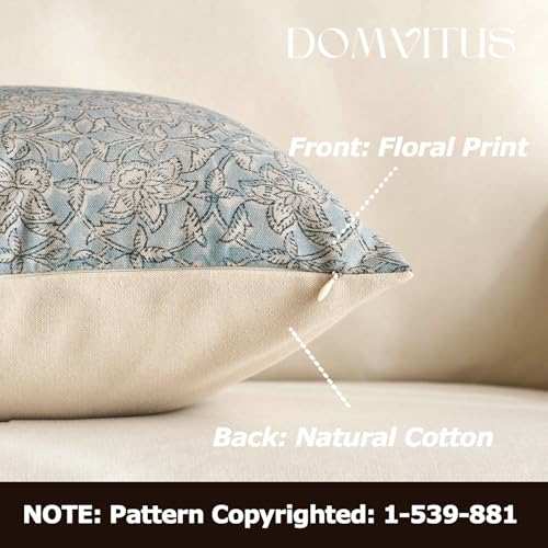 DOMVITUS Floral Pillow Covers 18x18 Throw Pillow Covers Block Print Vintage Decorative Neutral Pillow Cover for Couch Bed Living Room Light Blue 1PC - color: Light Blue, size: 18" x 18" (Pack of 1)