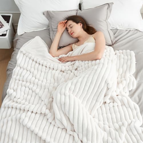 Amélie Home Faux Fur Throw Blanket for Couch, Cozy Fuzzy Fluffy Fur Luxurious Soft Striped Plush Gift Blankets for Family Sofa Chair Bedroom, 55"x70", Ivory - color: Striped Ivory, size: Throw(55"x70")