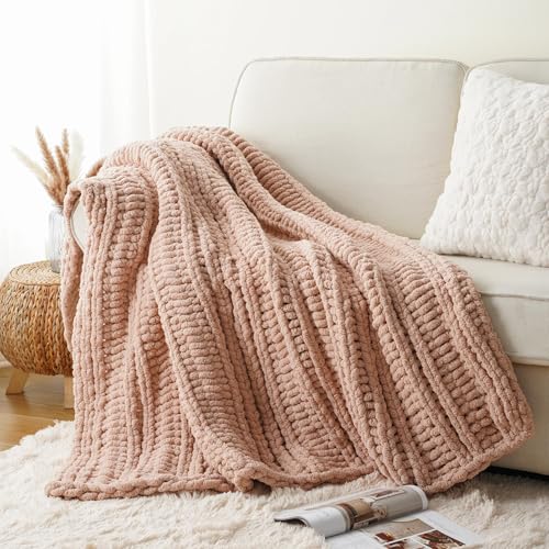 Battilo Chunky Knit Throw Blanket for Couch, Hand Made Chenille Throw Blanket, Super Soft Warm Cozy Pink Blanket for Bed, Sofa, Living Room, 50"x60" - color: Pink