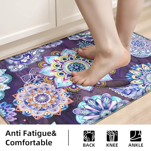 Boho Purple Floral Kitchen Rugs Mats for Floor 2 Piece Memory Foam Padded Kitchen Mats Anti Fatigue Non Slip Cushioned Comfort Standing Mat, 17.3x28+17.3x47 Inch - color: Boho Purple, size: 17.3"x28"+17.3"x47"-0.40Th[2PCS]