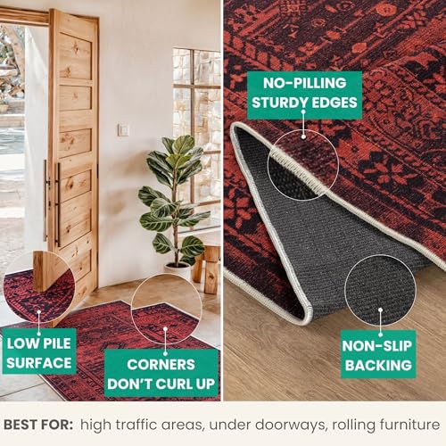 Bloom Rugs Washable Non-Slip 2' x 3' Rug - Red Traditional Bordered Area Rug for Living Room, Bedroom, Dining Room, and Kitchen - Exact Size: 2' x 3' - color: Red, size: 2' x 3' (Rectangular)